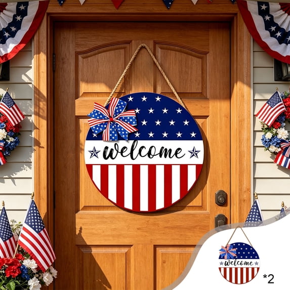 CuiLiyq 4th of July Wooden Welcome Door Hanger, Patriotic Memorial Day USA 250th Anniversary Sign for Front Porch Wall Entryway Home Decor