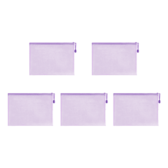 CuiLiyq 5 Pcs Mesh Zipper Pouch File Organizer, Waterproof Plastic Document Storage Bag for Stationery Travel Office Home, 13" x 9", Purple