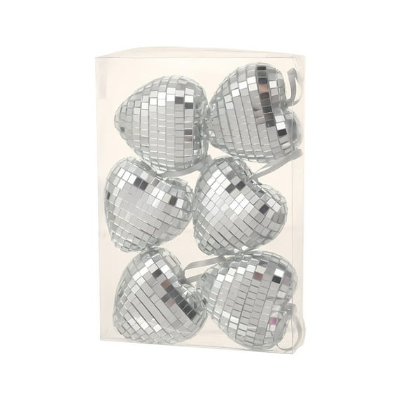 CuiLiyq 6 PCS Heart Disco Christmas Ornaments, Heart Shaped Mirror Ball Pendants, Cool Reflective Hanging Bulbs, for Holiday Xmas Tree Birthday Party Wedding Decoration (Silver)