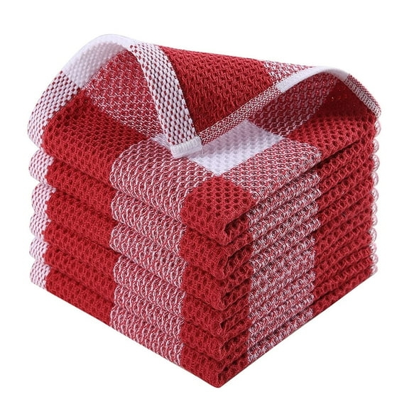 CuiLiyq 6 Pcs Kitchen Towels Set, Cotton Terry Kitchen Towels Checkered Designed, Soft and Absorbent Dish Towels, Multipurpose Cleaning Towels for Home and Kitchen Bars, 13" x 13", Red