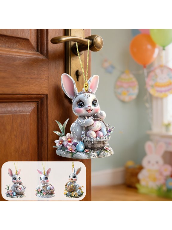 Acrylic Easter Hanging Ornament, 3.15" Cute Bunny Shape 2D Flat Keychain Pendant, for Car Rearview Mirror Backpack Bag Zipper Pull, Spring Party Favor Decor (A)