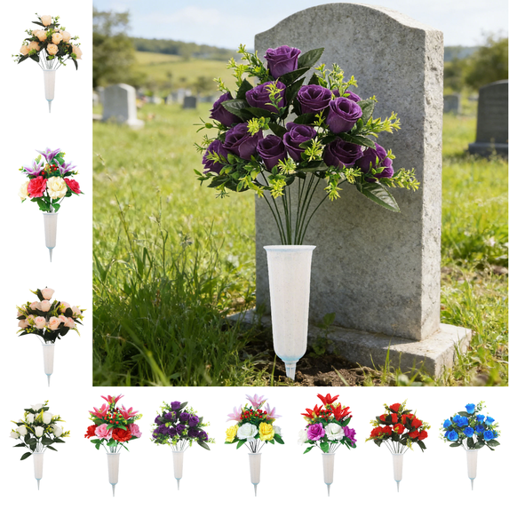CuiLiyq Artificial Cemetery Flowers for Grave, Grave Decorations Roses, Memorial Flowers Bouquet with Vase for Grave Cemetery Decoration, 1 Bouquet