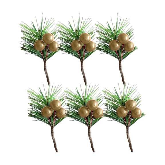 CuiLiyq Artificial Pine Picks, Pine Needles Branches with Berry Stems, Small Fake Berries Branches for Crafts Christmas Tree DIY Garland Holiday Wreath (Gold)