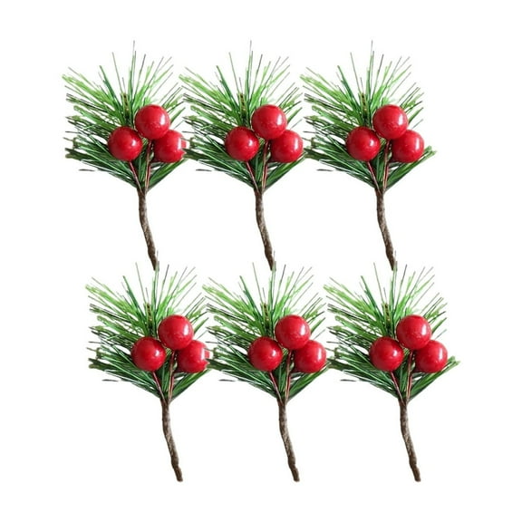 CuiLiyq Artificial Pine Picks, Pine Needles Branches with Berry Stems, Small Fake Berries Branches for Crafts Christmas Tree DIY Garland Holiday Wreath (Red)