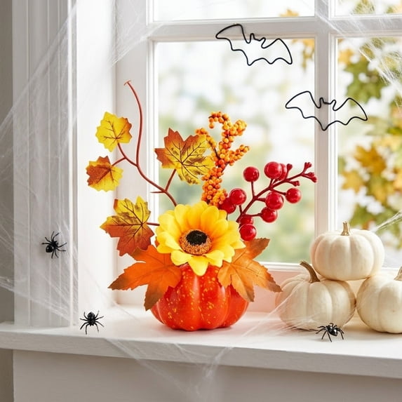 CuiLiyq Artificial Pumpkin Table Arrangement, Foam and Plastic Fall Ornament with Sunflower Maple Berries, Mantel, Entryway, Counter Home Decor