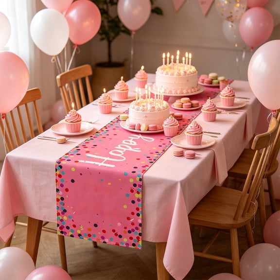 CuiLiyq Birthday Table Runner, Colorful Confetti Pattern Polyester Runner for Party, Happy Birthday Decorative Cloth for Cake Table, Celebration Supplies Home