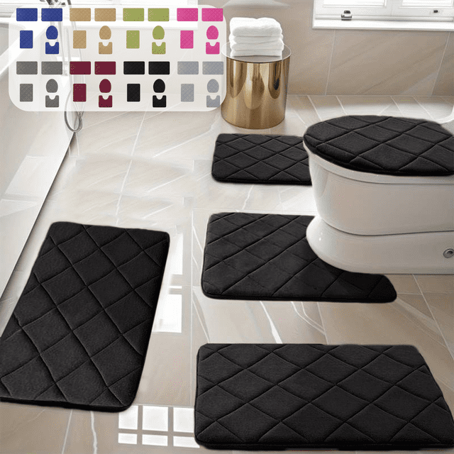 CuiLiyq Black Bathroom Rug Set 5 Piece, Soft Memory Foam Bath Mat Non Slip, Machine Wash Bath Rug Set Water Absorbent for Bathroom Toilet, 1 Toilet Cover, 1 U Shape Rug, 3 Bath Mats (Black)