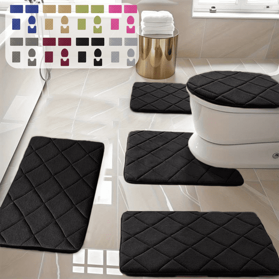CuiLiyq Black Bathroom Rug Set 5 Piece, Soft Memory Foam Bath Mat Non Slip, Machine Wash Bath Rug Set Water Absorbent for Bathroom Toilet, 1 Toilet Cover, 1 U Shape Rug, 3 Bath Mats (Black)