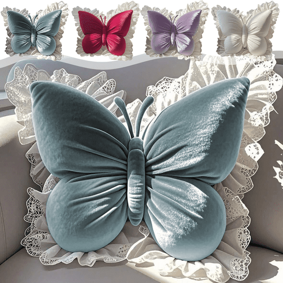 CuiLiyq Butterfly Pillow with Lace Trim Decorative, 15.7" x 19.7" Butterfly Shaped Throw Pillows, Soft Plush Cushion Decor for Bedroom Living Room Sofa Couch (Blue)