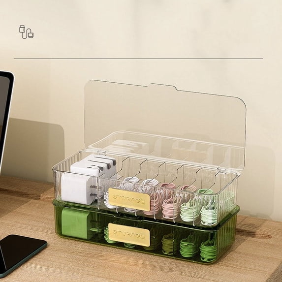 CuiLiyq Cable Organizer Box, Clear Plastic Electronics Storage Case, Desktop Charger Cord Holder with Lid, for Office and Nightstand