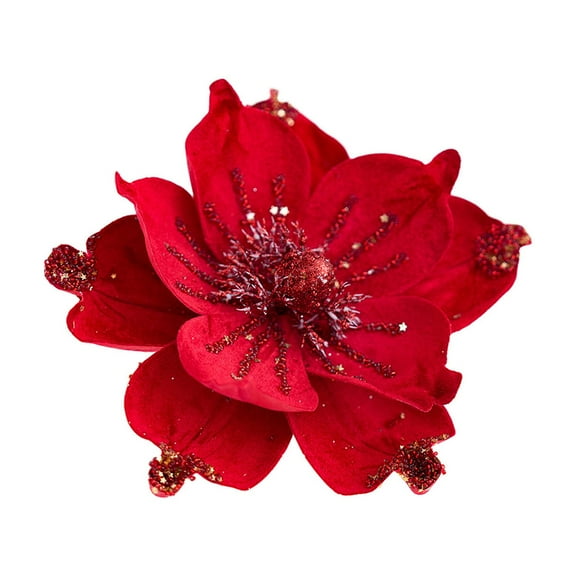 CuiLiyq Christmas Glitter Magnolia Flower, Poinsettia for Tree, Easy to Hang Artificial Flowers, for Christmas Tree Decorations, Wreaths (Red)