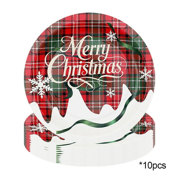 CuiLiyq Christmas Party Supplies, 10 Pcs Merry Christmas Red Plaid Disposable Paper Dinner Plates, Dessert Plates for Indoor Home Holiday Party Decoration (7 Inch Paper Plate)