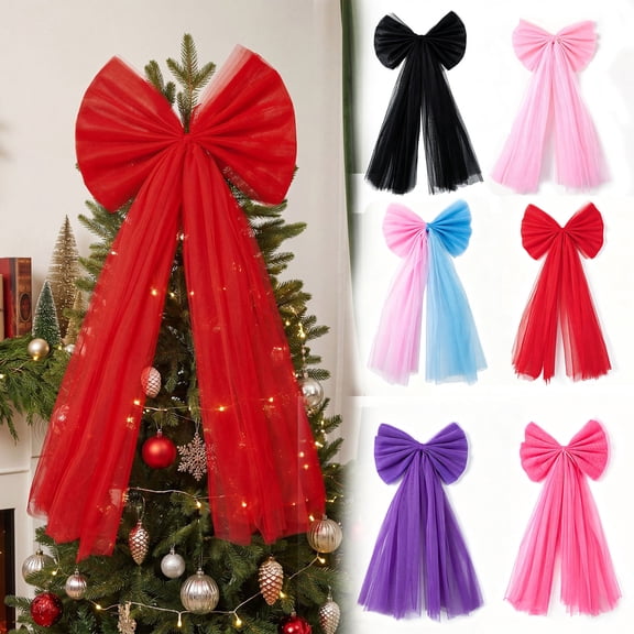 CuiLiyq Christmas Snow Lace Bow, Large Net Ribbon Tree Topper, Elegant Holiday Decor for Christmas Tree, Door, Fireplace (Red)