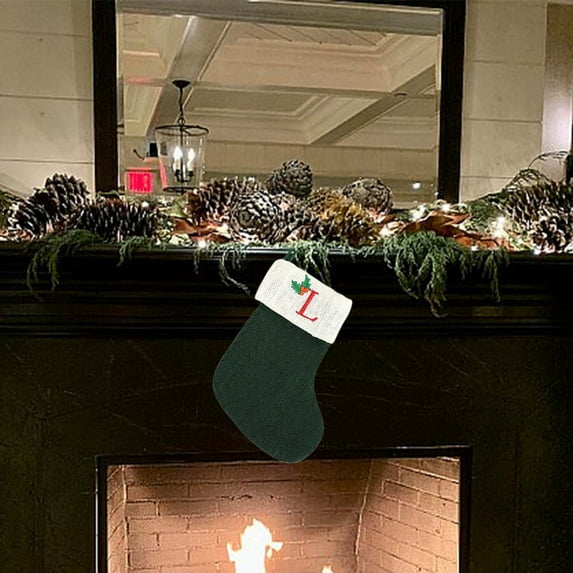 CuiLiyq Christmas Stockings with Initials, Embroidered Xmas Stockings, Green Knitted Xmas Stocking, Christmas Party Fireplace Family Hanging Stocking Decorations (7.9 Inch, Letter-L)