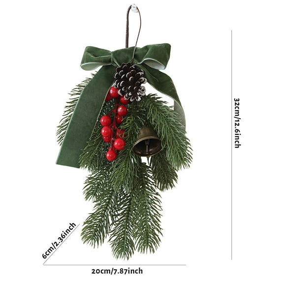 CuiLiyq Christmas Teardrop Swags, Artificial Norfolk Pine Teardrop Wreath with Bowknot, Red Berries and Pine Cones Hanging Garland Greenery for Front Door Indoor Outdoor Wall Window Xmas Decor (A)