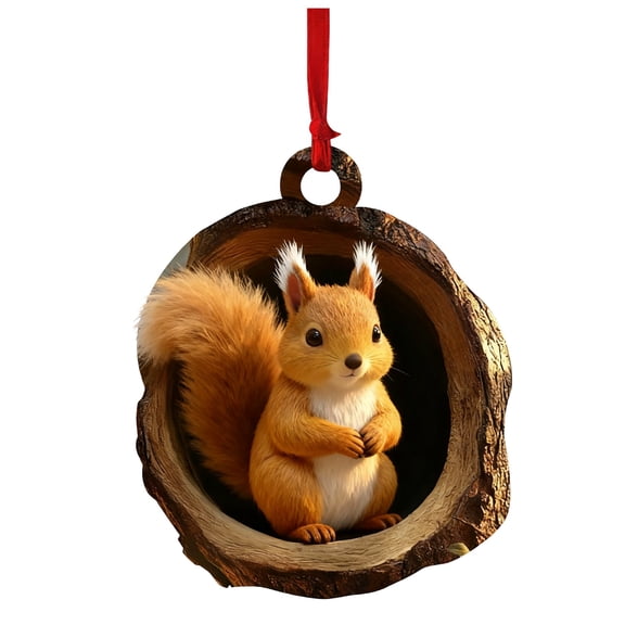 CuiLiyq Christmas Tree Animal Pendant, 2D Acrylic Tree Hole Squirrel Decoration, Cute Squirrel Pendent for Indoor Family Holiday Wedding Party Fireplace Decoration and Christmas Gifts