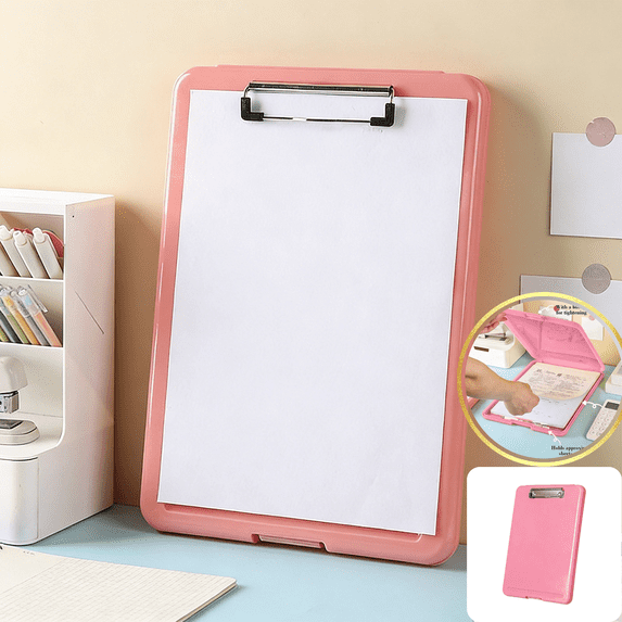 CuiLiyq Clipboards with Storage, 13.3" x 9.4" High Capacity Clip Board with Storage, Plastic Clipboard with Pen Holder for Teachers Work Office Supplie, Pink
