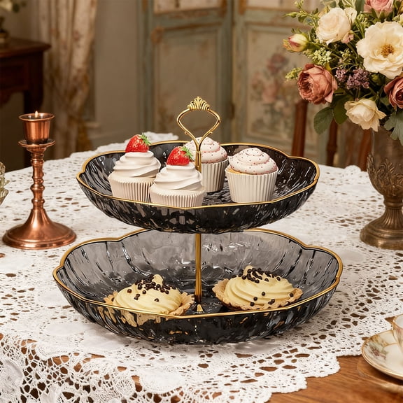 CuiLiyq Double Layer Cupcake Holder Stand, Plastic Round Serving Candy Fruits Cookies Dishes Decorative for Party Birthday Wedding, Removable Tray for Living Room Coffee Table, 9.45" x 9.84", Black
