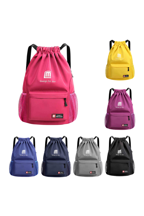 Drawstring Backpack Bag, Waterproof Draw String Backpack Bag with Zip Pocket, Lightweight Foldable Gym Drawstring Bag Swim Bag for Men Women (Hot Pink)