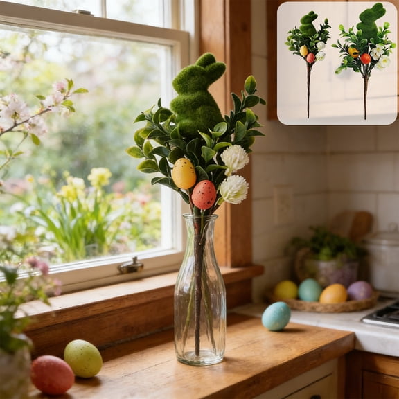 CuiLiyq Easter Branch Decoration, 11" Foam Easter Eggs and Rabbits with Artificial Green Leaves, for Vase Table Centerpiece, Spring Floral Arrangement, Gift for Easter Party, Holiday Decor (A)