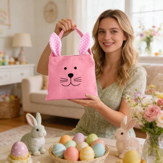 CuiLiyq Easter Bunny Ear Handbag, Easter Festival Style Gift Tote Bag for Eggs Candy Storage, Decorative Carrying Pouch for Holiday Party Favors and Spring Decor, 8.4" x 13.3", D