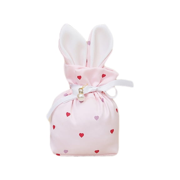 CuiLiyq Easter Bunny Gift Bag, Cute Rabbit Ear Bundle Gift Bag with Love Heart Print, Reusable Party Favors Gifts for Birthday Party Egg Stuffer Basket Holiday Decoration, 3.9" x 7.8", Pink