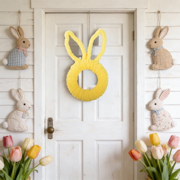 CuiLiyq Easter Bunny Shaped Wreath, Rabbit Head Front Door Hanging Decor, for Window Wall Fireplace Display, Spring Festive Home Accent, 15" x 8.7", Gift for Easter Party, Spring Celebration, Yellow