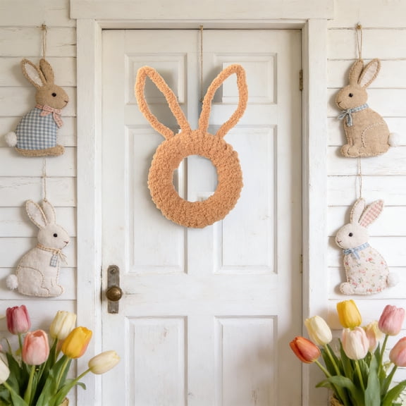 CuiLiyq Easter Bunny Shaped Wreath, Rabbit Head Front Door Hanging Decor, for Window Wall Fireplace Display, Spring Festive Home Accent, 15" x 8.7", Gift for Easter Party, Spring Celebration, Brown