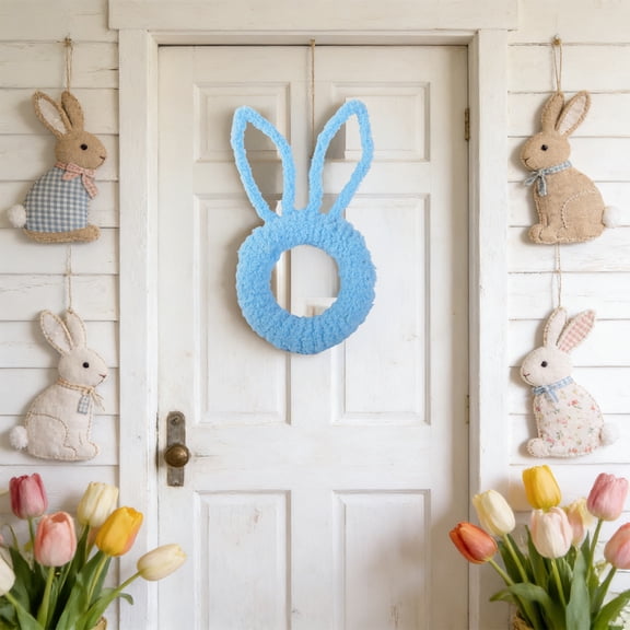 CuiLiyq Easter Bunny Shaped Wreath, Rabbit Head Front Door Hanging Decor, for Window Wall Fireplace Display, Spring Festive Home Accent, 15" x 8.7", Gift for Easter Party, Spring Celebration, Blue