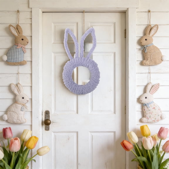 CuiLiyq Easter Bunny Shaped Wreath, Rabbit Head Front Door Hanging Decor, for Window Wall Fireplace Display, Spring Festive Home Accent, 15" x 8.7", Gift for Easter Party, Spring Celebration, Gray
