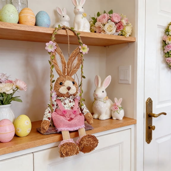 CuiLiyq Easter Decorations, Spring Hanging Easter Bunny Figurine on Carrot Swing, Cute Farmhouse Decorative Woven Straw Rabbit Statue for Home Indoor Outdoor Craft Adornment Decor (G)