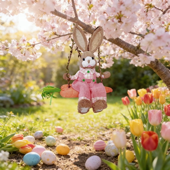 CuiLiyq Easter Decorations, Spring Hanging Easter Bunny Figurine on Carrot Swing, Cute Farmhouse Decorative Woven Straw Rabbit Statue for Home Indoor Outdoor Craft Adornment Decor (E)