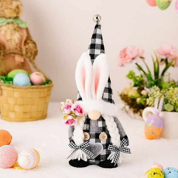 CuiLiyq Easter Gnomes Plush Decorations, 2.73" x 10.53" Flocking Black White Buffalo Plaid Bunny Gnomes Figurine Holding Flowers, Faceless Elf Dwarf for Holiday Party Decor (B)