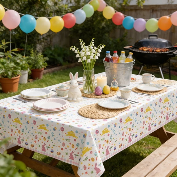 CuiLiyq Easter Party Supplies, 1 Pack 108" x 54" Disposable Dinner Tablecloth with Colorful Bunny Eggs and Daisy, Easter Party Decorations Bunny Paper Dinnerware for Spring Holiday Birthday Party