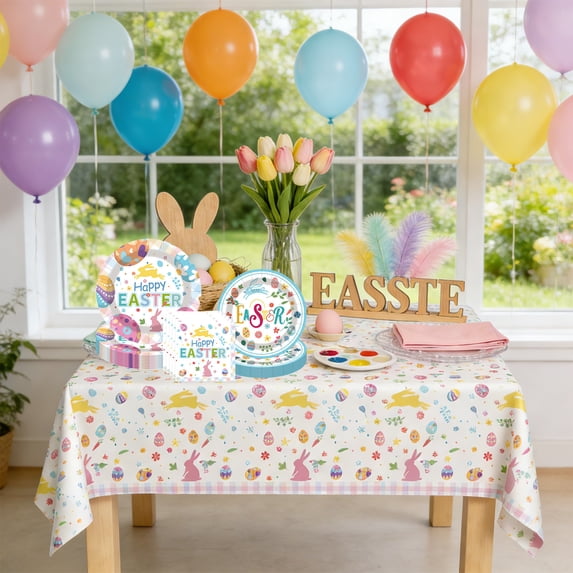 CuiLiyq Easter Party Supplies Set of 41, Disposable Paper Dinnerware, for Easter Party Spring Holiday Birthday Decorations (10 Pcs 7" Plates, 10 Pcs 9" Plates, 20 Pcs Napkins, 1 Pcs Tablecloth)