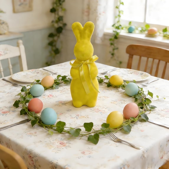 CuiLiyq Easter Table Decoration, Flocked Bunnies Figurine with Bowtie Spring Table Centerpieces, Flocking Rabbit Tabletop Ornament Cute Bunny Figurines for Spring Home Office Indoor Party (Yellow)
