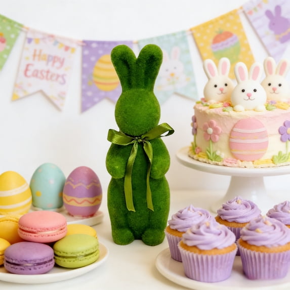 CuiLiyq Easter Table Decoration, Flocked Bunnies Figurine with Bowtie Spring Table Centerpieces, Flocking Rabbit Tabletop Ornament Cute Bunny Figurines for Spring Home Office Indoor Party (Green)