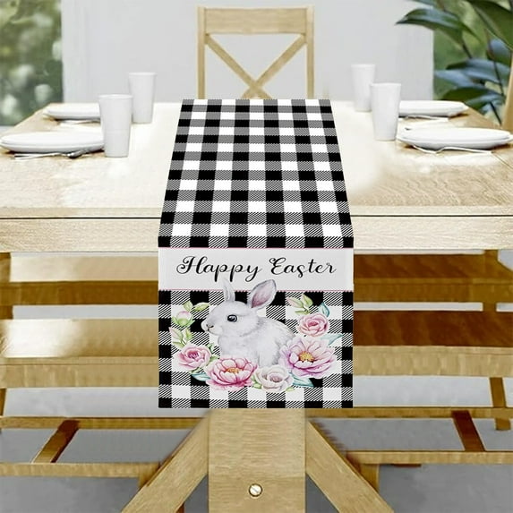 CuiLiyq Easter Table Runner, Bunny Black and White Buffalo Plaid with Carrot Rabbit Farm Table Decor for Home Dining, Banquet, Holiday Party Dinner Easter Runner, 72" x 13" (C)