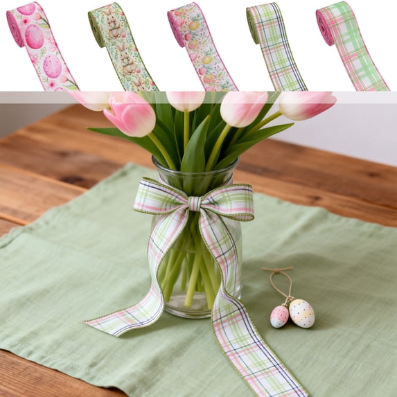 CuiLiyq Easter Themed Ribbon, 14.76 Ft Polyester Wire Edge Trim with Egg Bunny Checkered Pattern for Gift Wrapping Wreath Bowknot Making Spring Holiday DIY Craft (B)