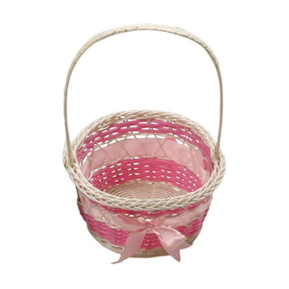 CuiLiyq Easter Woven Basket with Handles, Round Mini Plastic Basket Bin, Empty Gift Basket Small Storage Organizer for Easter Egg Hunt, Party Treats Picnic and Favors, 6.3" x 3.15", Pink