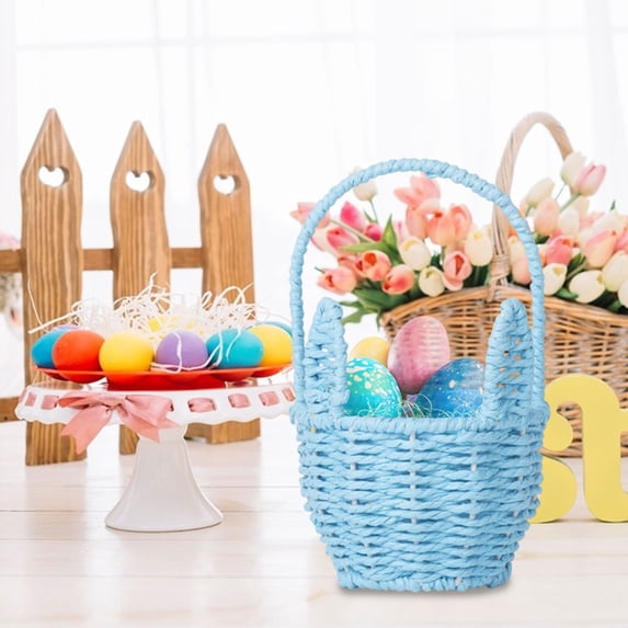 CuiLiyq Easter Woven Bunny Basket, 8.2 Inch Long Ears Storage Tote, Woven Present Basket for Candy and Small Items, Gift Bag, Tabletop Organizer (Blue)