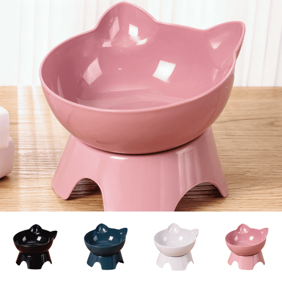 CuiLiyq Elevated Cat Bowl, Cat Face Shaped Slanted Mouth Feeding Bowl for Dogs Cats, Plastic Pet Bowl (Pink)