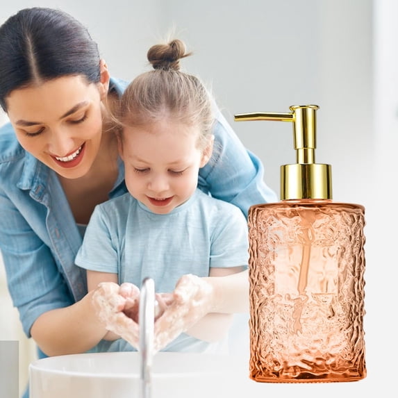 CuiLiyq Embossed Glass Liquid Soap Dispenser, 380ml Textured Lotion Bottle with Rustproof Pump, Refillable Shampoo Container for Bathroom Kitchen