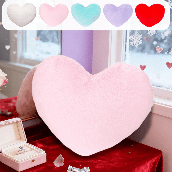 CuiLiyq Faux Rabbit Fur Heart Shaped Pillow, Soft Plush Throw Cushion with Fluffy Texture for Sofa Bed Bedroom Living Room Decor (13" x 9.84", Pink)