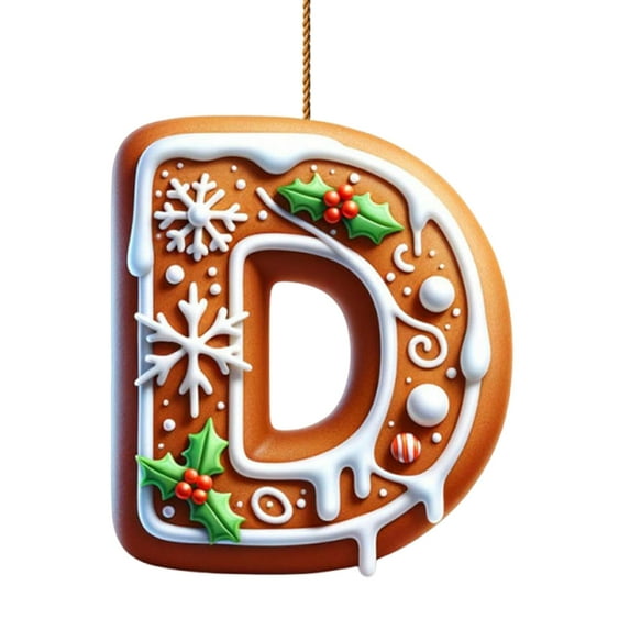 CuiLiyq Gingerbread Alphabet Ornaments for Christmas Tree, 26 Letter Christmas Ornaments with Candy Berries Pattern, for Christmas Tree DIY Craft Party Decorations (Acrylic, D)