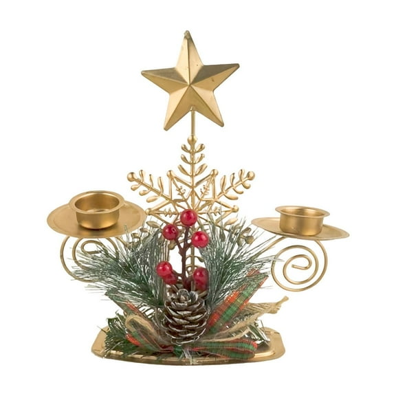 CuiLiyq Gold Christmas Tree Pillar Candle Holder with Berry and Pine Nut, Wick Candle Holder for Holiday Desktop Decoration, Metal Decor