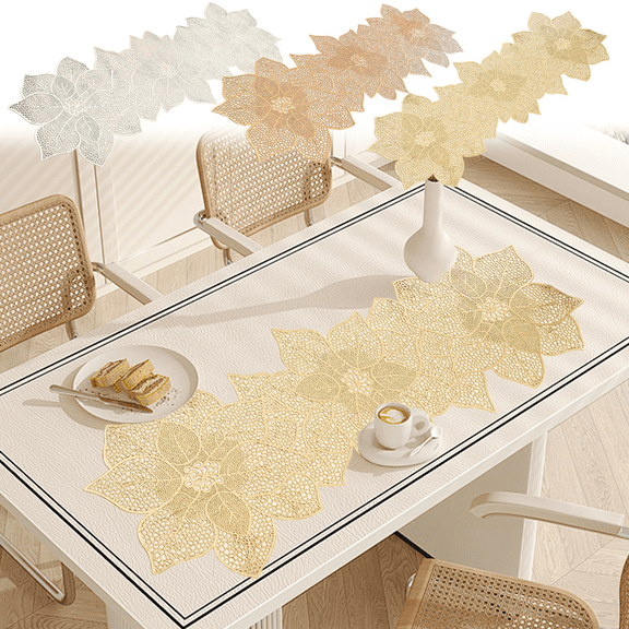 CuiLiyq Gold Table Runners, 35.4 Inch Flower Shaped Short Table Runner, Washable Table Mats Fall Table Runner for Wedding, Banquet, Birthday, Party, Restaurant (Gold Flower)