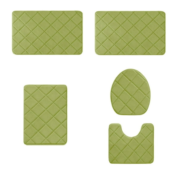 CuiLiyq Green Bathroom Rug Set 5 Piece, Soft Memory Foam Bath Mat Non Slip, Machine Wash Bath Rug Set Water Absorbent for Bathroom Toilet, 1 Toilet Cover, 1 U Shape Rug, 3 Bath Mats (Green)