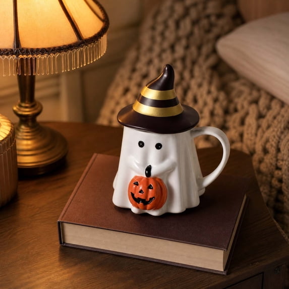 CuiLiyq Halloween Ghost Ceramic Mug, Cute Ghost Coffee Cup with Pumpkin Decoration, Spill Resistant Drinkware, Fall Tabletop Decor, Holiday Gathering Accessory