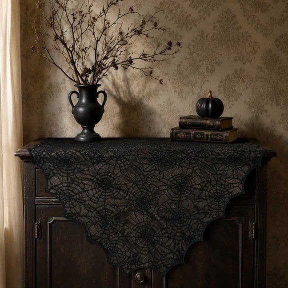 CuiLiyq Halloween Lace Spiderweb Table Runner, Knit Polyester Fabric Cover, Indoor Outdoor Party Dining Table Decor, 48" x 14"